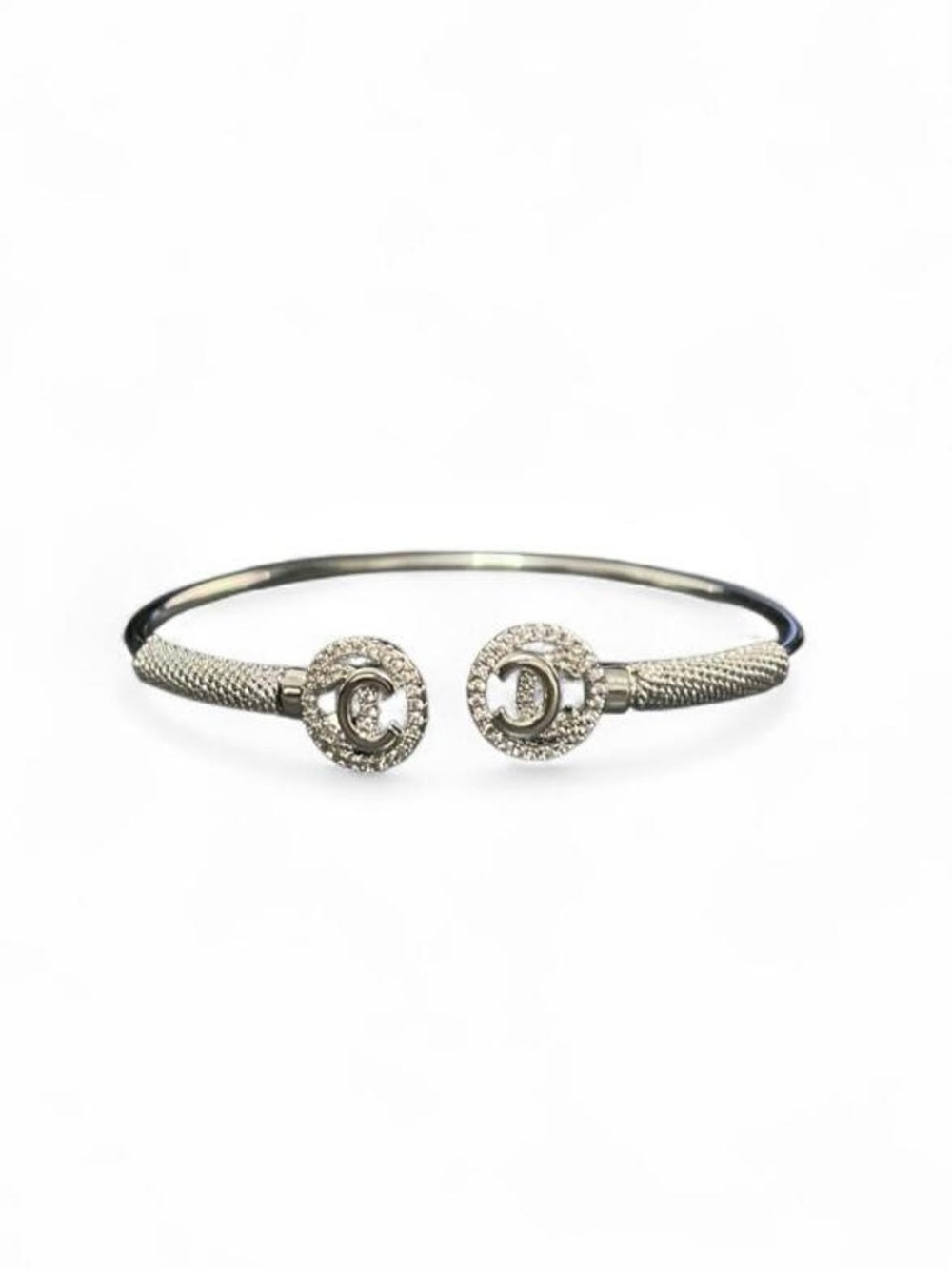 Women's Silver Open Cuff Bracelet with Pave Circle Ends